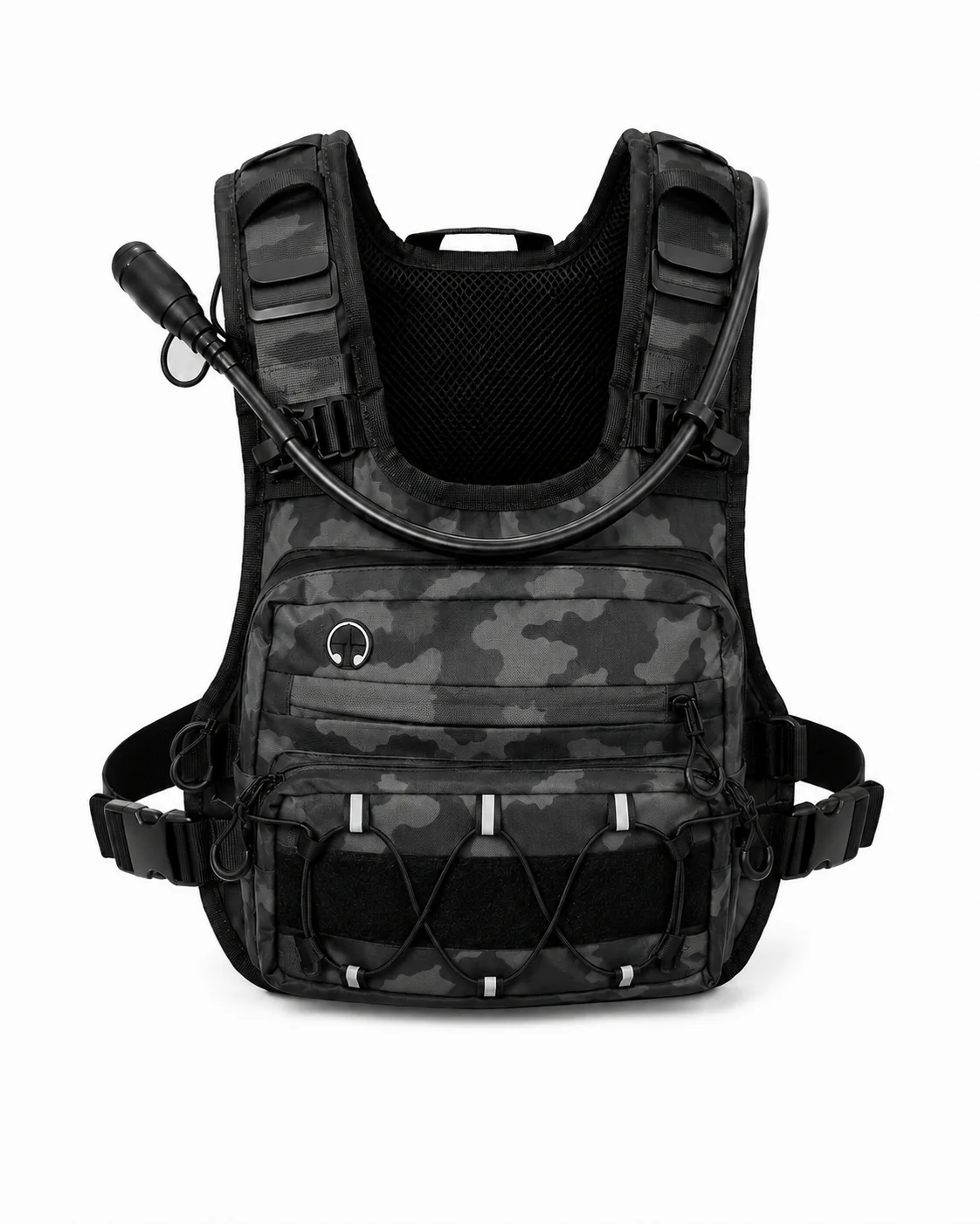 CoreFlow hydration vest in black camo with bite valve and reflective bungee front