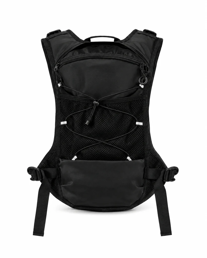 CoreFlow hydration vest in black, back view with mesh panel and bungee cargo cord