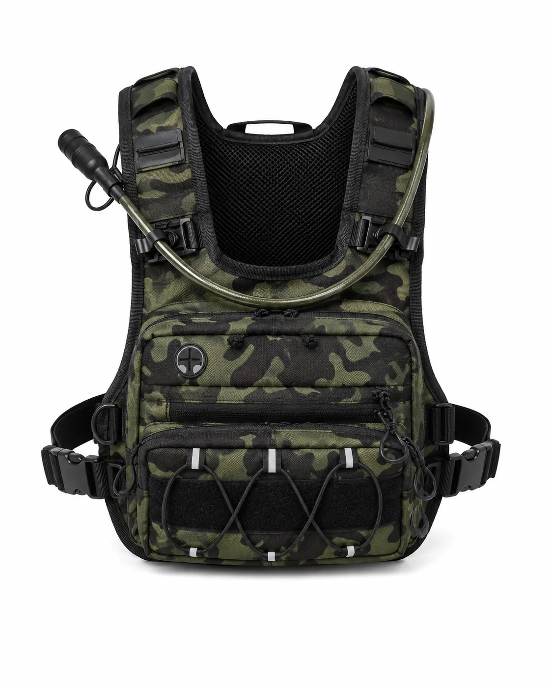 CoreFlow hydration vest in green camo with hydration tube routed over the shoulder
