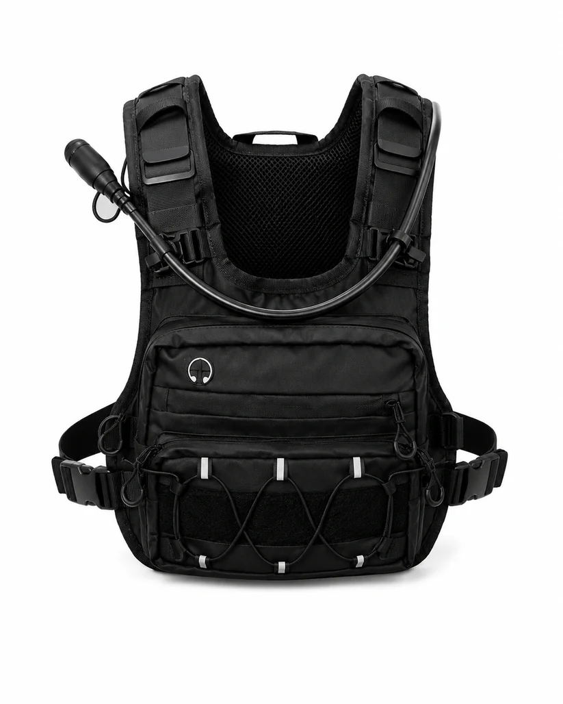 CoreFlow hydration vest in black, front view with bite valve and reflective bungee panel